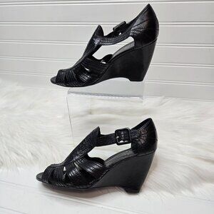 Franco Sarto Women's Size 7 M Black Leather Wedge Sandals Heels Peep Toe Buckle
